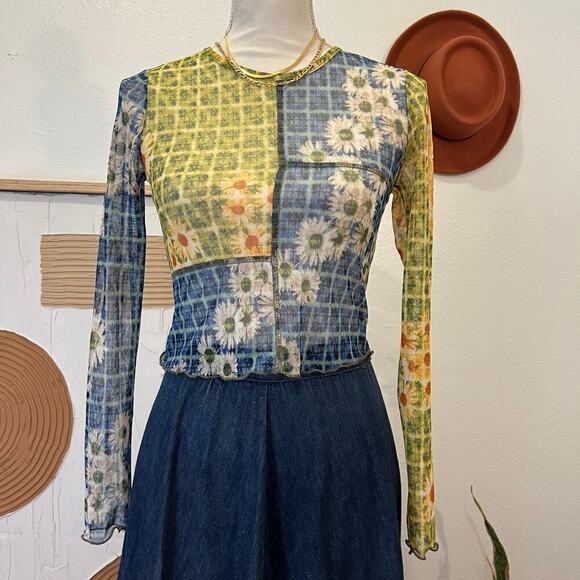 Altar'd State Green & Blue Patchwork Daisy Floral Semi Sheer Cropped Top USA S - Picture 1 of 12